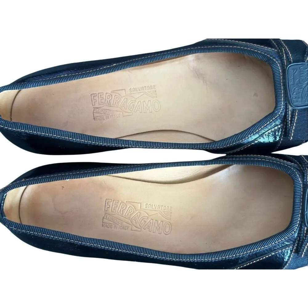 Salvatore Ferragamo Black Patent Ribbon Logo Flats Size 7 1/2